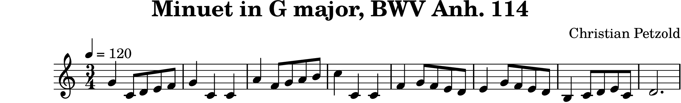 \version "2.20.0"
\header {
  title = "Minuet in G major, BWV Anh. 114"
  composer = "Christian Petzold"
}

\score {
    <<
    \relative c'' {
      \time 3/4
      \tempo 4 = 120
      \key g \major

      d4 g,8 a b c
      d4 g, g
      e'4 c8 d e fis
      g4 g, g

      c4 d8 c b a
      b4 d8 c b a
      fis4 g8 a b g
      a2.
    }
    >>

    \midi {}
    \layout {}
}